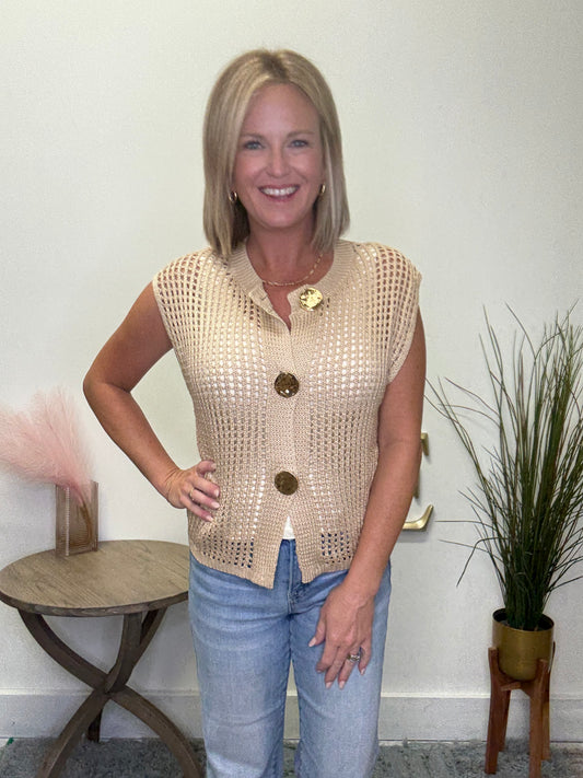 Big Metal Button Front Open Knit Vest Top - Ella Chic Boutique