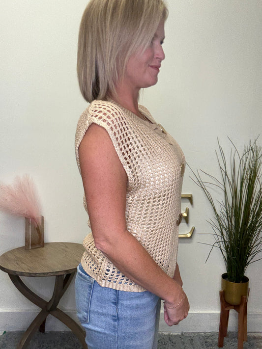Big Metal Button Front Open Knit Vest Top - Ella Chic Boutique