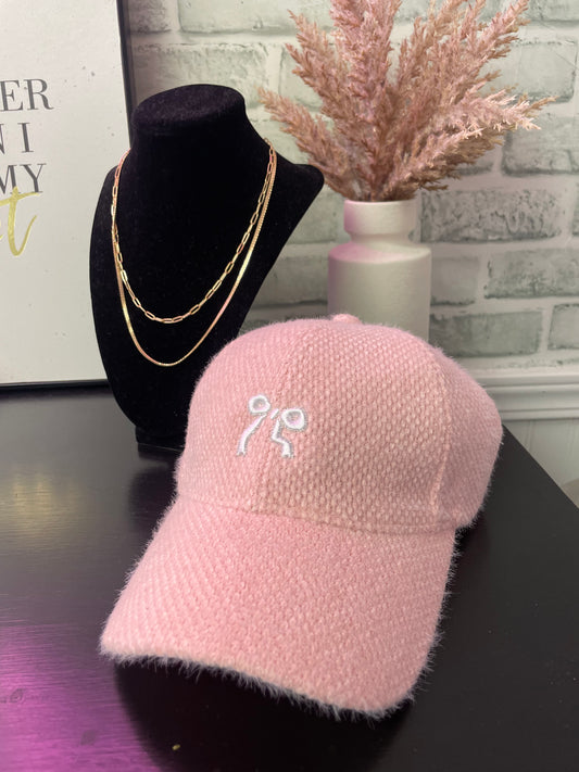 On Trend Embroidered Bow Fuzzy Hat in Pink