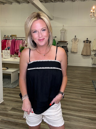 Bali Rickrack Trim Sleeveless Tank Top in Black