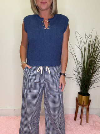 Navy Blue Gingham Plaid Drawstring Pants