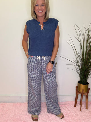 Navy Blue Gingham Plaid Drawstring Pants