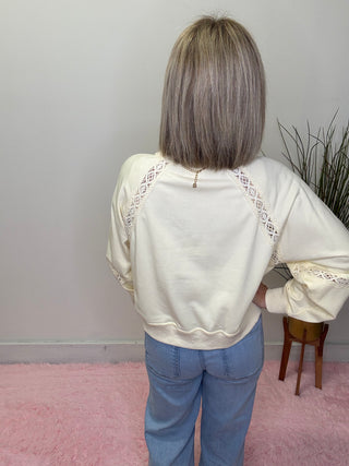 Charlotte Crochet Lace Sweatshirt Top in Pale Yellow