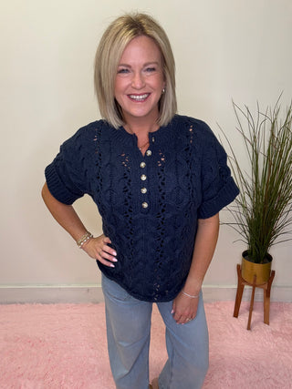 Lovlov navy blue short sleeve cuffed open cable knit sweater button front fall boutique transition