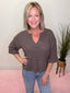 Roll Up Sleeve Notched Neckline Sweater with 3/4 Sleeves