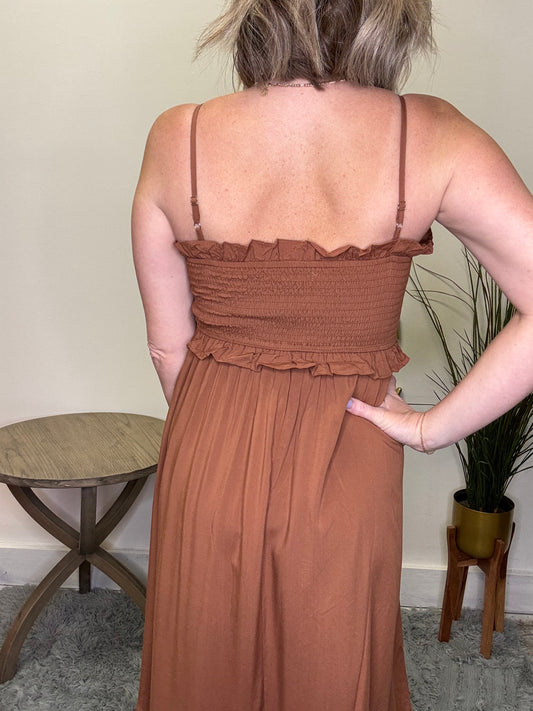 On Trend Jones Midi Dress in Desert Sand smocked bust adjustable straps, bronze ruffles mikarose