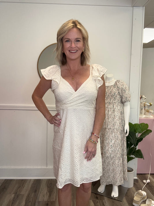 wrap front eyelet fabric ruffle sleeve ivory dress mystree