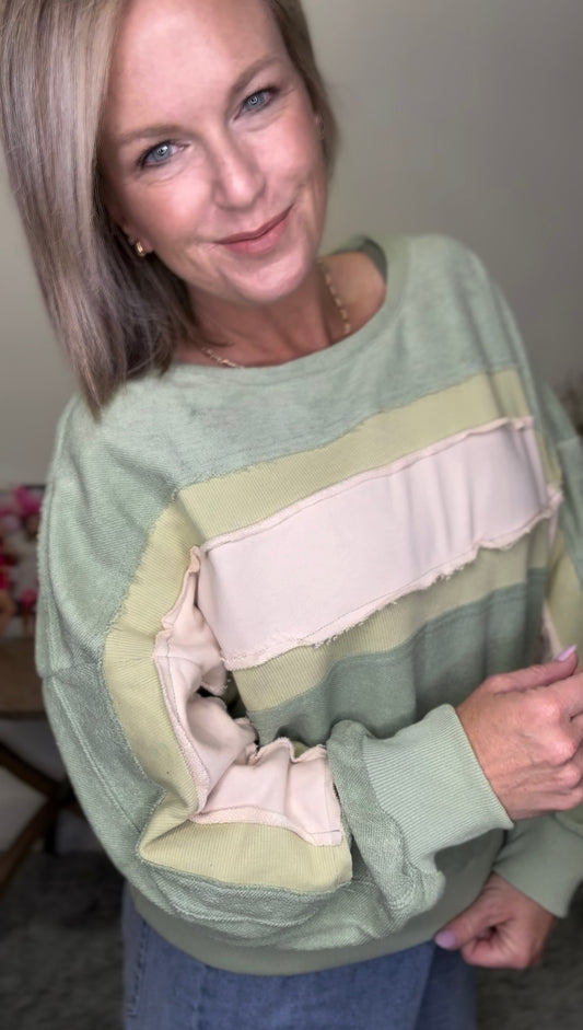 Listicle green cream olive sweatshirt boatneck large stripes raw edge textured fabric top