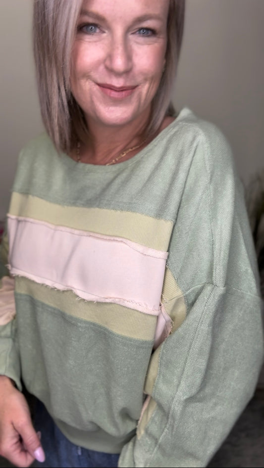 Listicle green cream olive sweatshirt boatneck large stripes raw edge textured fabric top