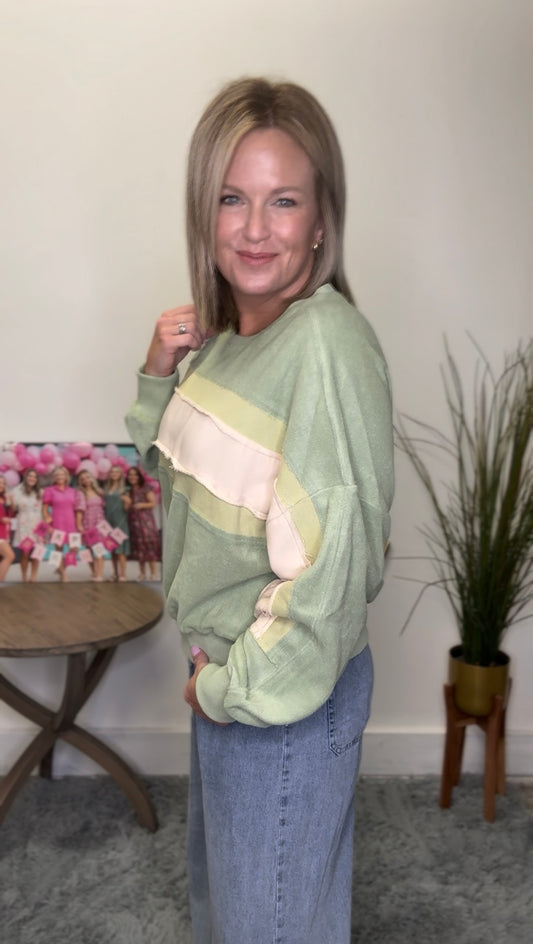 Listicle green cream olive sweatshirt boatneck large stripes raw edge textured fabric top