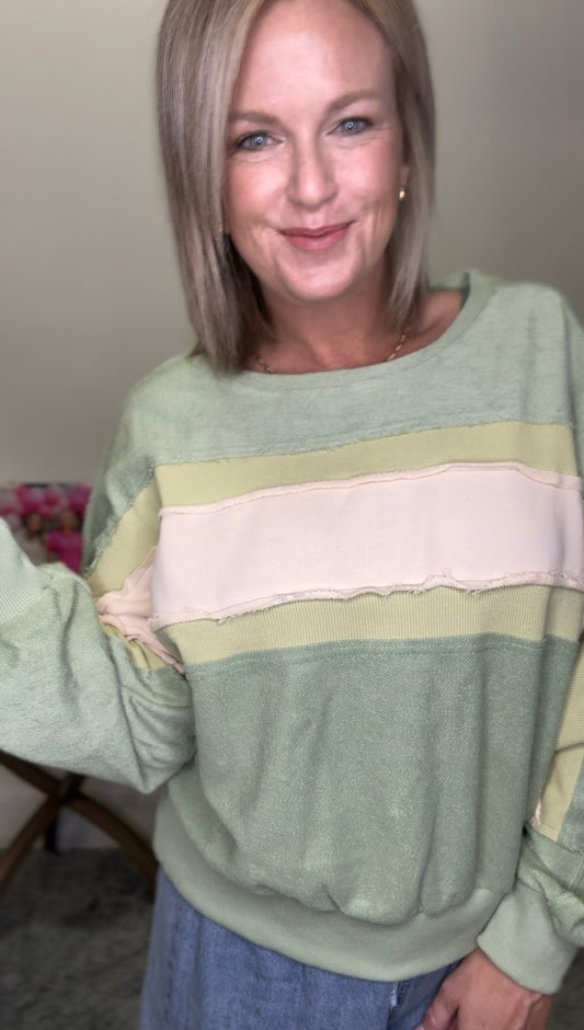 Listicle green cream olive sweatshirt boatneck large stripes raw edge textured fabric top