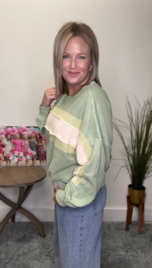 Listicle green cream olive sweatshirt boatneck large stripes raw edge textured fabric top