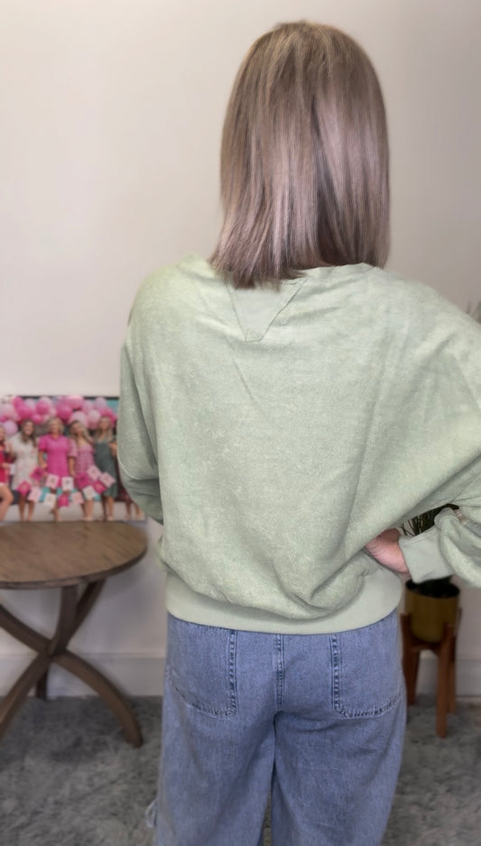 Listicle green cream olive sweatshirt boatneck large stripes raw edge textured fabric top