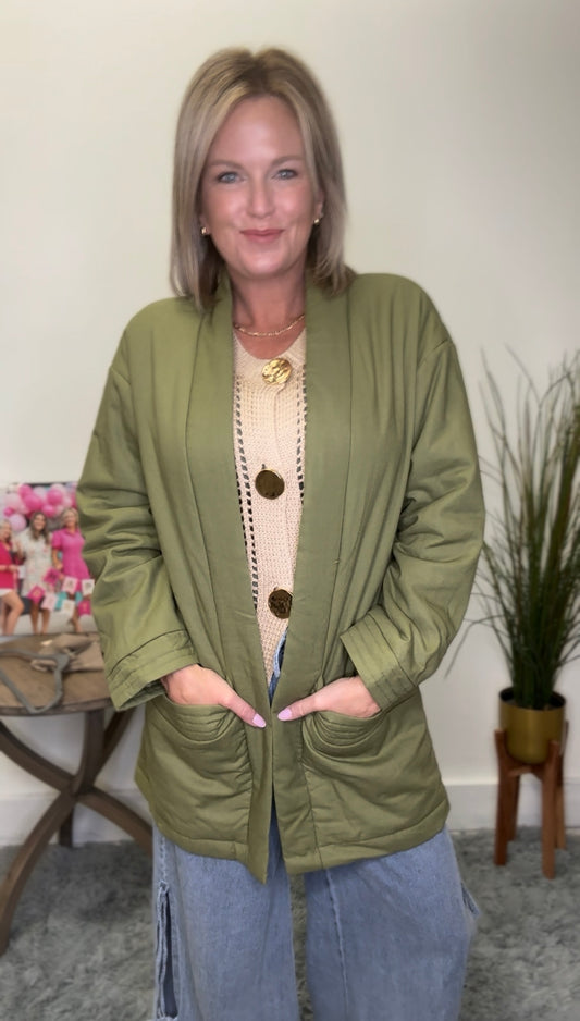 Listicle olive green open front cardigan jacket pockets stitched detail medium weight fall autumn