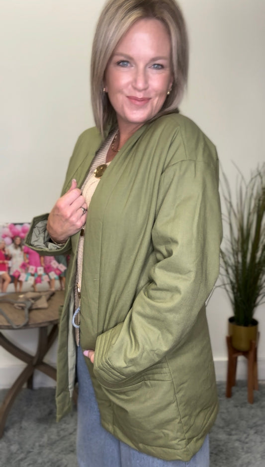 Listicle olive green open front cardigan jacket pockets stitched detail medium weight fall autumn