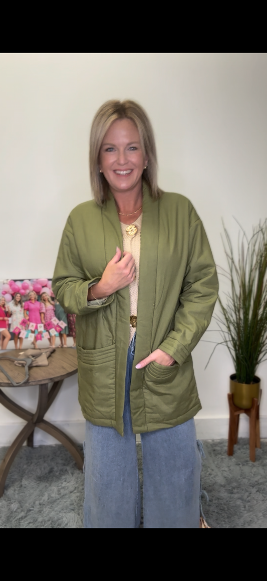 Listicle olive green open front cardigan jacket pockets stitched detail medium weight fall autumn
