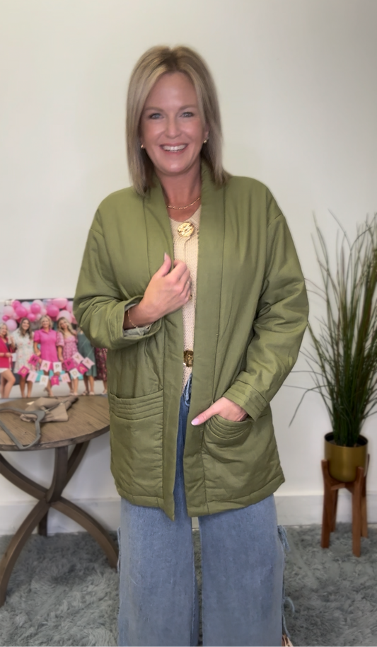 Open Front Longer Olive Jacket