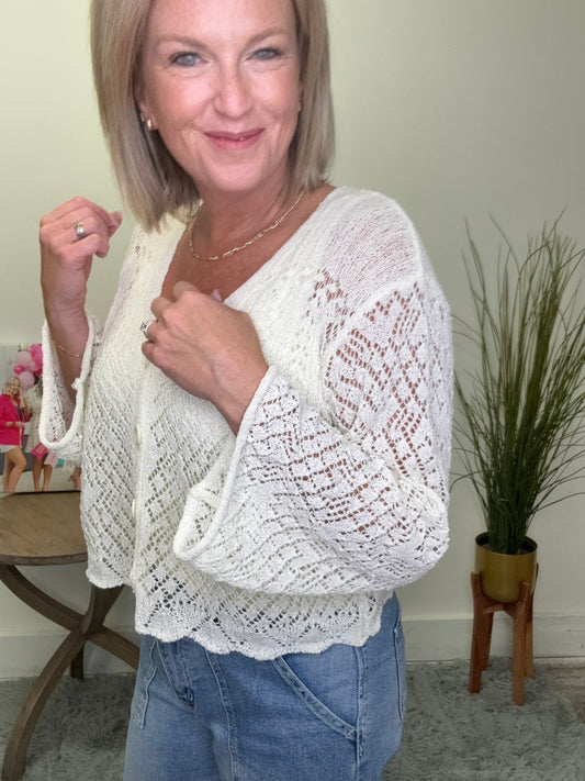 Long Sleeve cream ivory white Crochet Sweater Top knit v-neck button front lace sheer lightweight Ella Chic Boutique