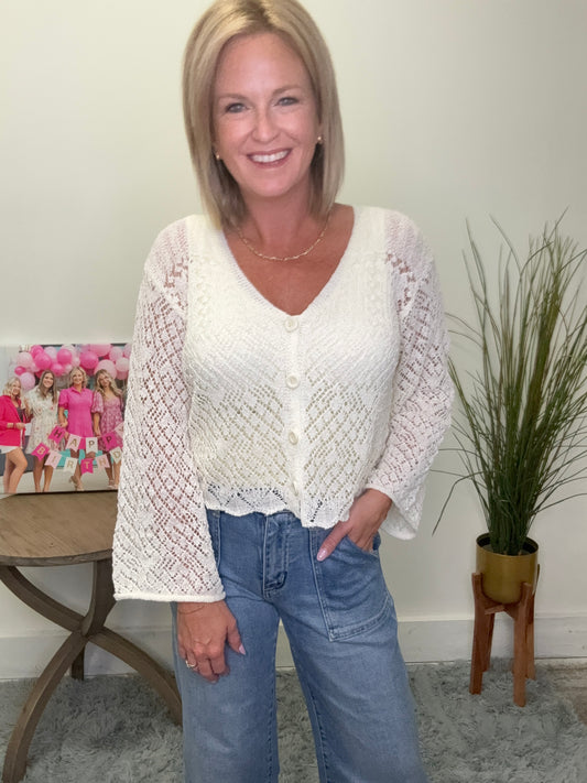 Long Sleeve cream ivory white Crochet Sweater Top knit v-neck button front lace sheer lightweight Ella Chic Boutique