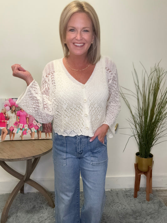 Long Sleeve cream ivory white Crochet Sweater Top knit v-neck button front lace sheer lightweight Ella Chic Boutique