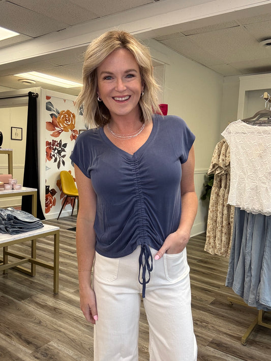 Mystree blue top v-neck adjustable front short sleeve shirt boutique
