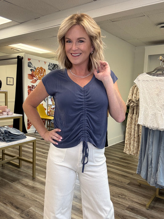 Mystree blue top v-neck adjustable front short sleeve shirt boutique