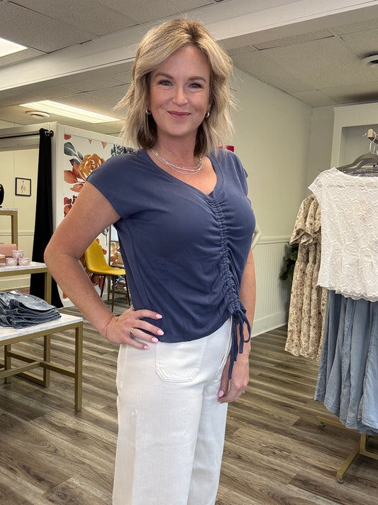 Mystree blue top v-neck adjustable front short sleeve shirt boutique