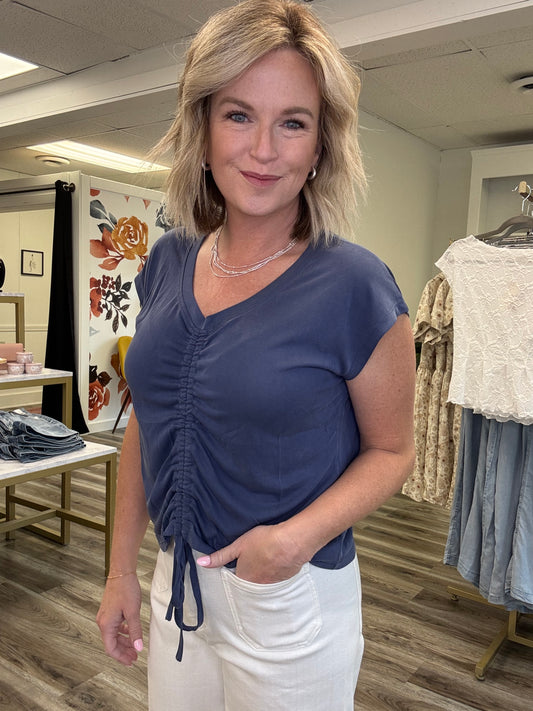 Mystree blue top v-neck adjustable front short sleeve shirt boutique