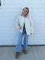Oversized Quilted Floral Bomber Jacket white cream blue green snap front main strip Ella Chic Boutique