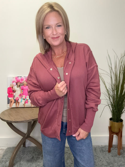 Oversized Snap Front Hoodie Jacket in Marsala