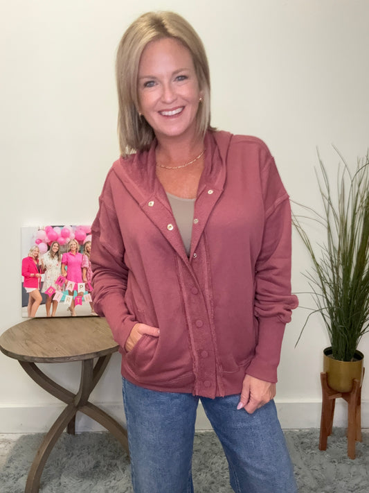 Oversized Snap Front Hoodie Jacket in Marsala