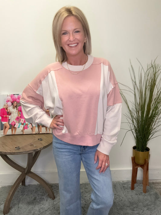 Pink white dolman color block cropped sweatshirt adora Boutique Roanoke Indiana Ella Chic fall 