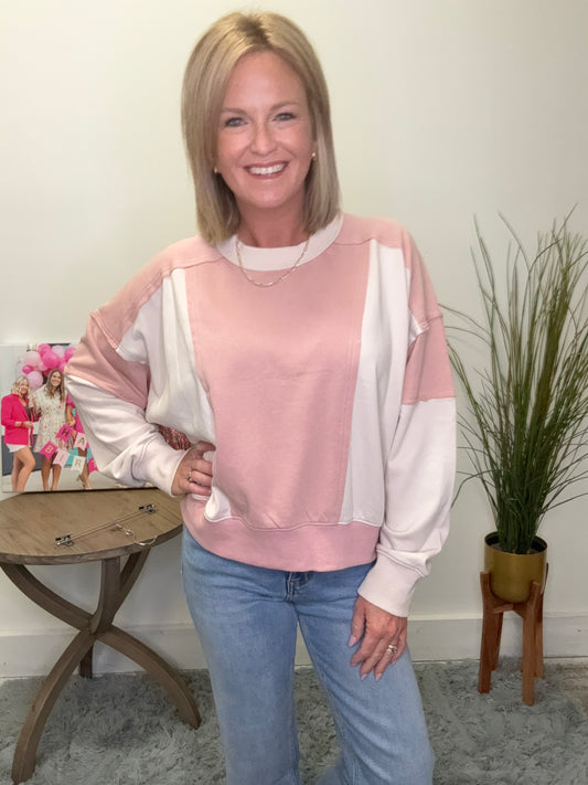 Pink white dolman color block cropped sweatshirt adora Boutique Roanoke Indiana Ella Chic fall 