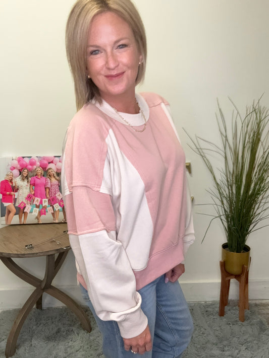 Pink white dolman color block cropped sweatshirt adora Boutique Roanoke Indiana Ella Chic fall 