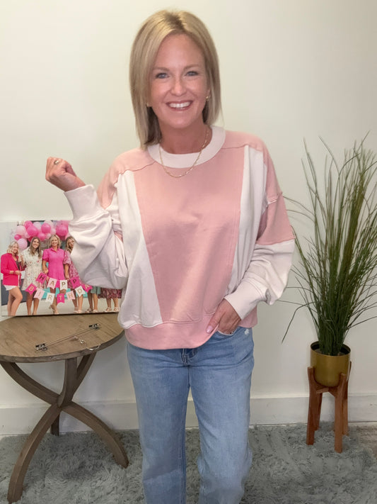 Pink white dolman color block cropped sweatshirt adora Boutique Roanoke Indiana Ella Chic fall 