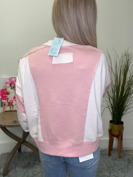 Pink white dolman color block cropped sweatshirt adora Boutique Roanoke Indiana Ella Chic fall top