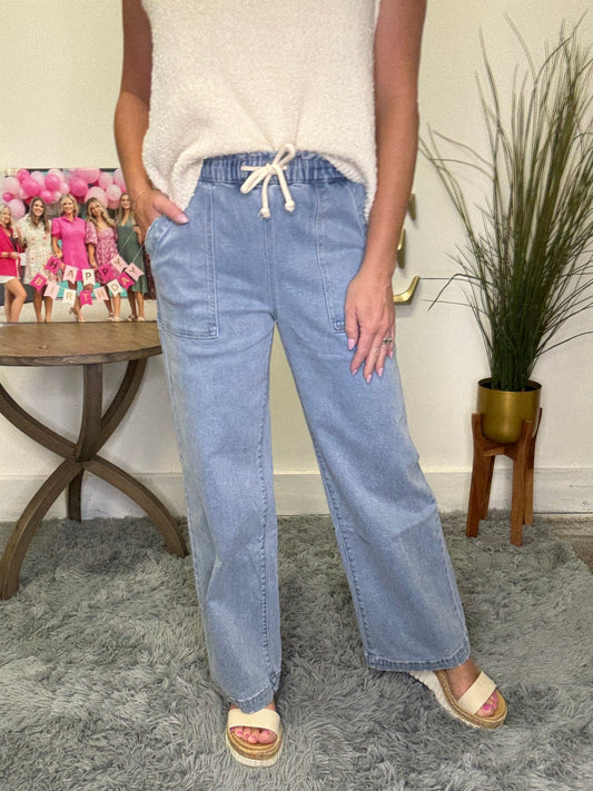 The Plan High Rise Slim Wide Elastic Waistband Jeans tie waist Risen Brand