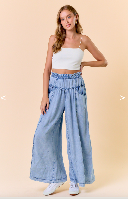 Chambray Paperbag Elastic Waist Wide Leg Pants - Ella Chic Boutique