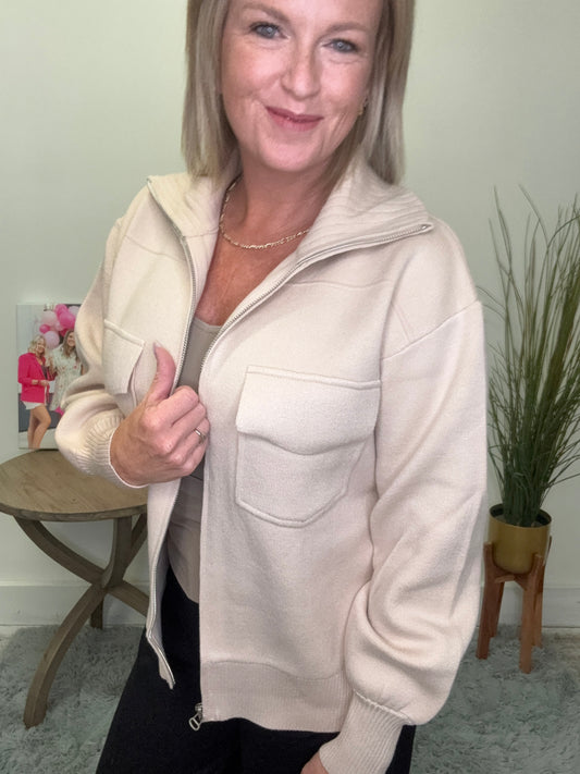 Soft Sweater Perfect Collared Jacket sweatshirt full zip up cream ivory front pockets stretchy fall clothes Staccato boutique