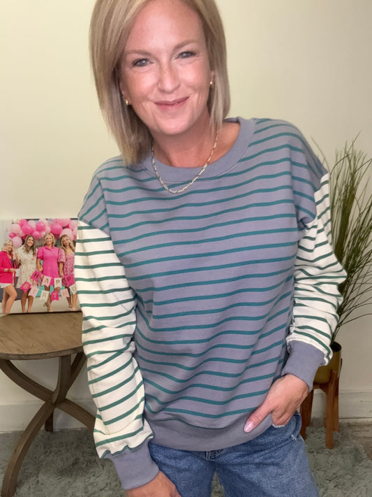Striped Pullover Sweatshirt Top Staccato Blue green gray cream comfy thin horizontal stripes Ella Chic Boutique