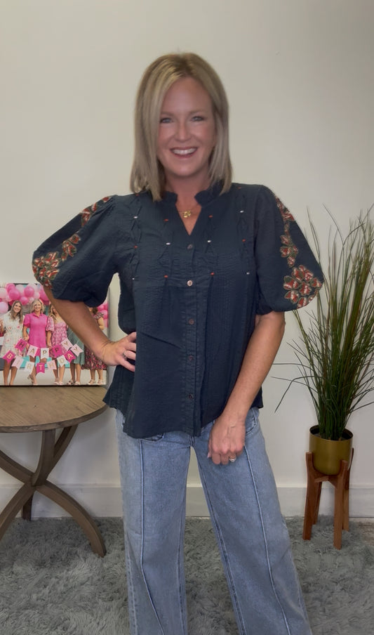 THML Navy Autumn Embroidered Stitched Detailed Puff Sleeve Flowers Top shirt blouse Boutique