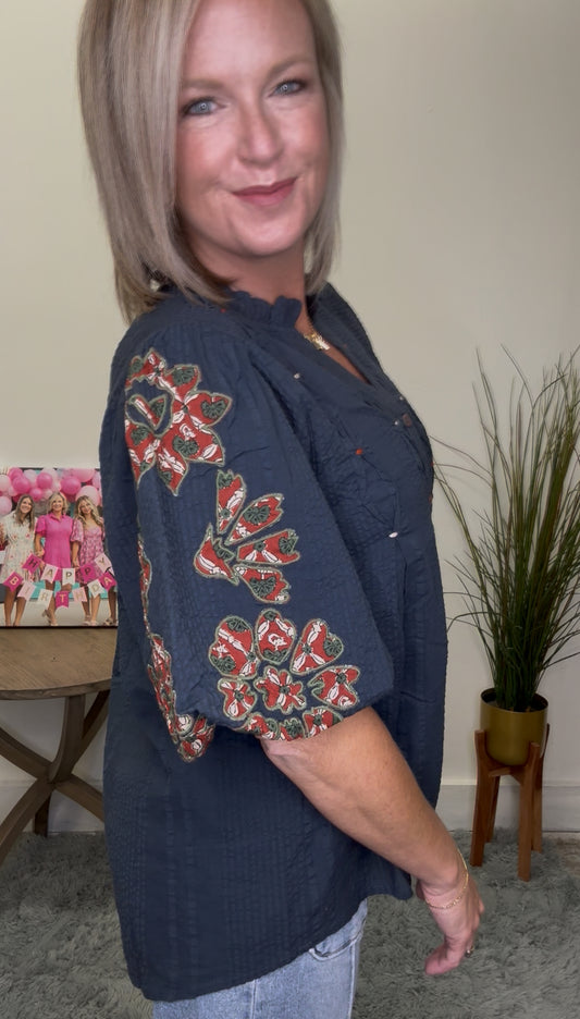 THML Navy Autumn Embroidered Stitched Detailed Puff Sleeve Flowers Top shirt blouse Boutique