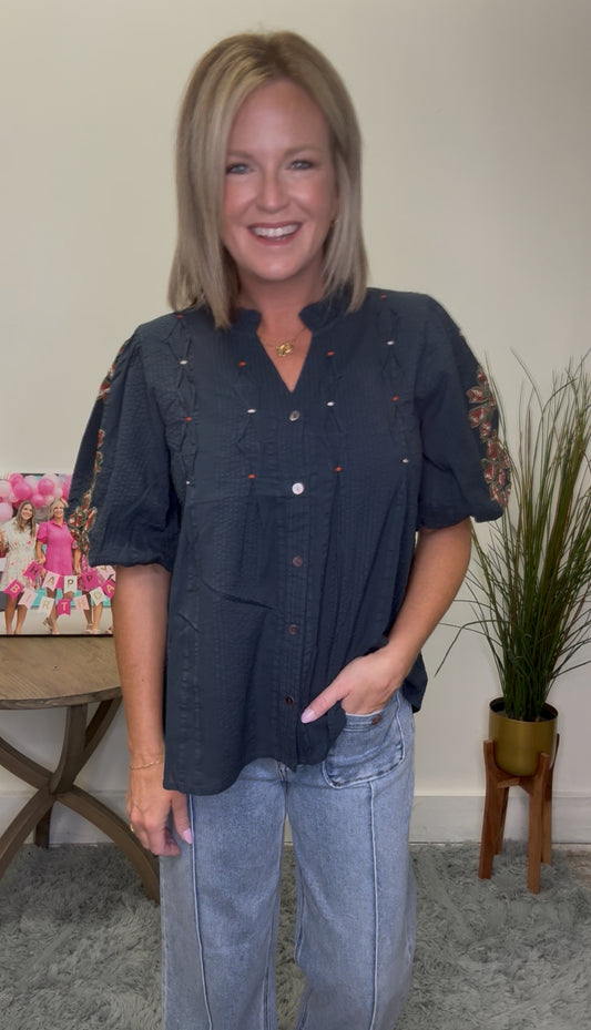 THML Navy Autumn Embroidered Stitched Detailed Puff Sleeve Flowers Top shirt blouse Boutique