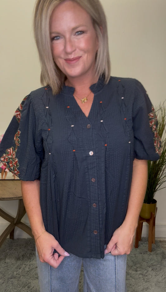 THML Navy Autumn Embroidered Stitched Detailed Puff Sleeve Flowers Top shirt blouse Boutique