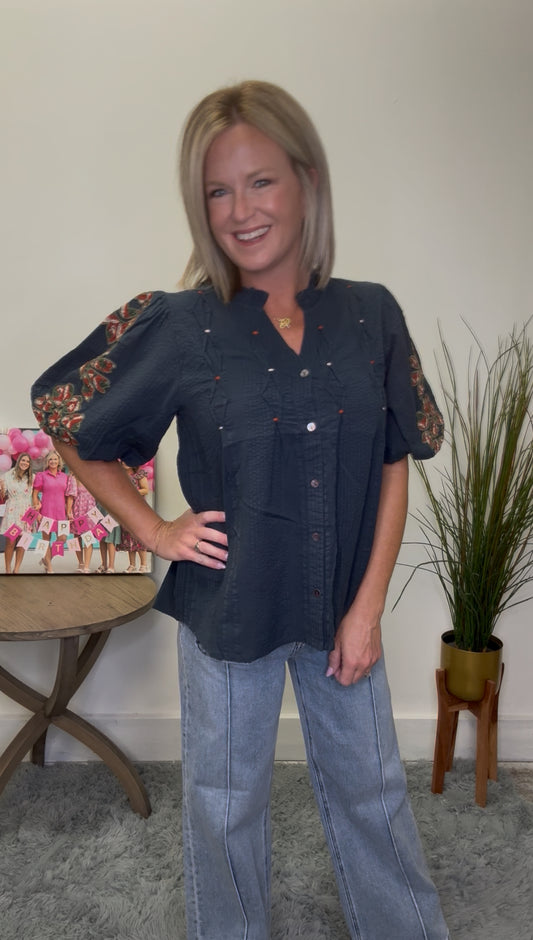 THML Navy Autumn Embroidered Stitched Detailed Puff Sleeve Flowers Top shirt blouse Ella Chic Boutique