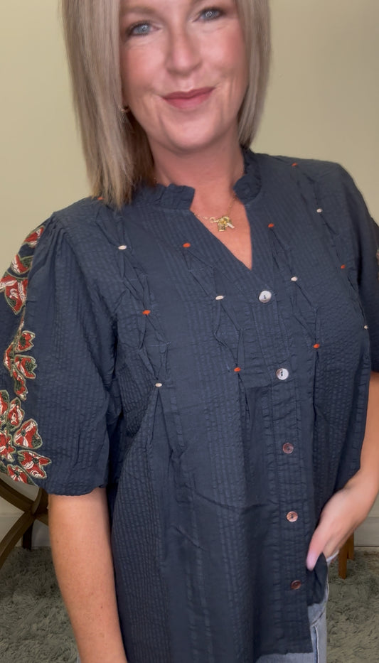THML Navy Autumn Embroidered Stitched Detailed Puff Sleeve Flowers Top shirt blouse Boutique