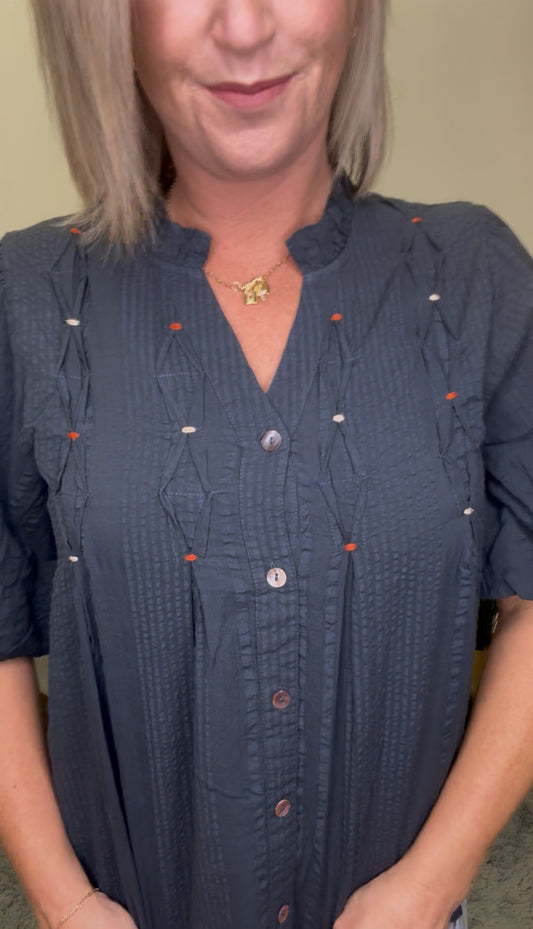 THML Navy Autumn Embroidered Stitched Detailed Puff Sleeve Flowers Top shirt blouse Boutique