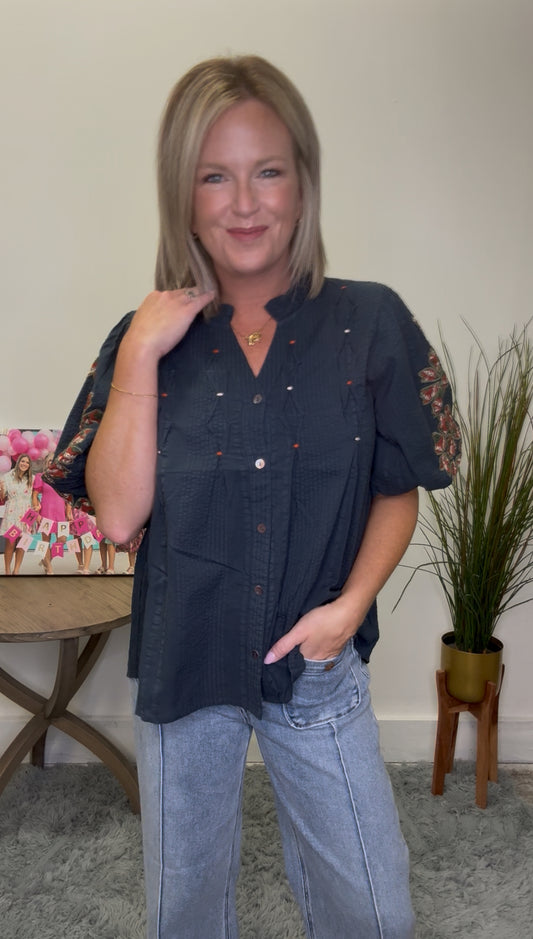 THML Navy Autumn Embroidered Stitched Detailed Puff Sleeve Flowers Top shirt blouse Boutique