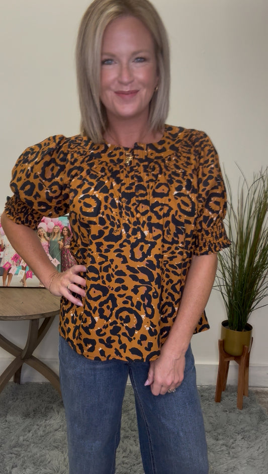 THML rust navy leopard print animal top button front short sleeves dress shirt work business casual