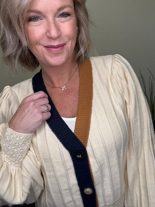 THML cardigan button front bow brass covered cream ivory navy rust brown ribbed details knit sweater top fall